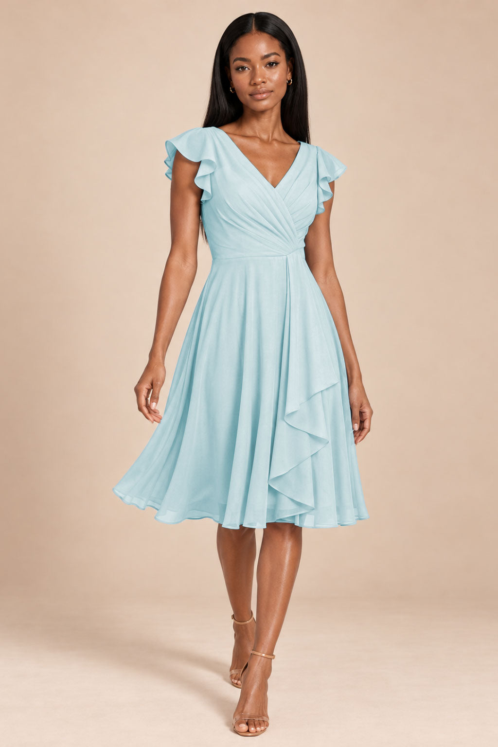 ice blue ruffles flutter sleeve chiffon short bridesmaid dress, movement view