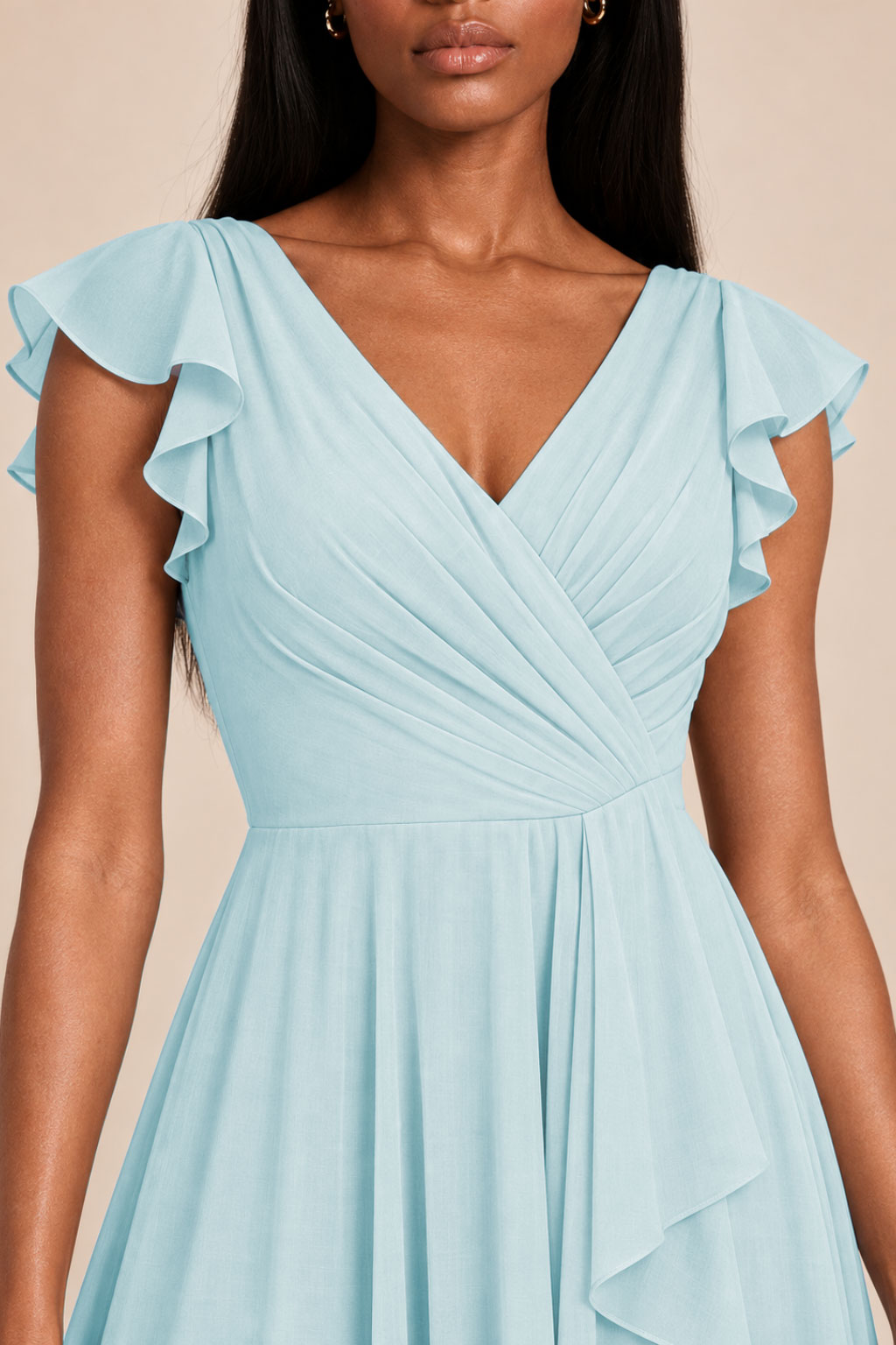ice blue ruffles flutter sleeve chiffon short bridesmaid dress, detail view