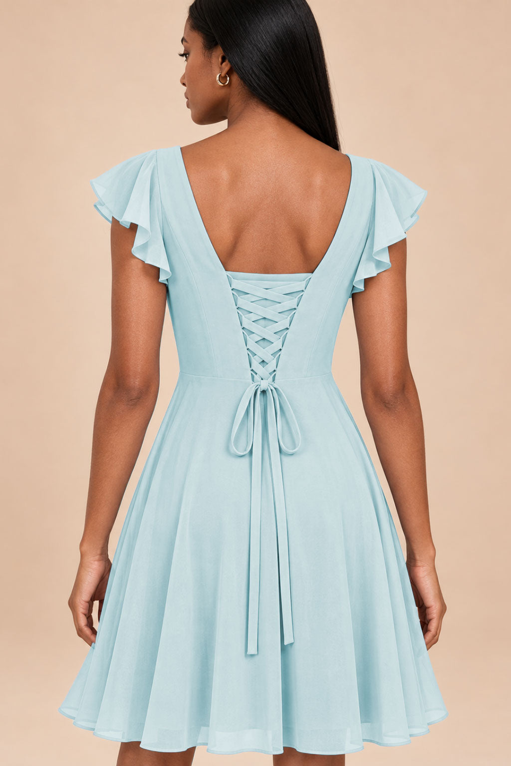 ice blue ruffles flutter sleeve chiffon short bridesmaid dress, back detail view