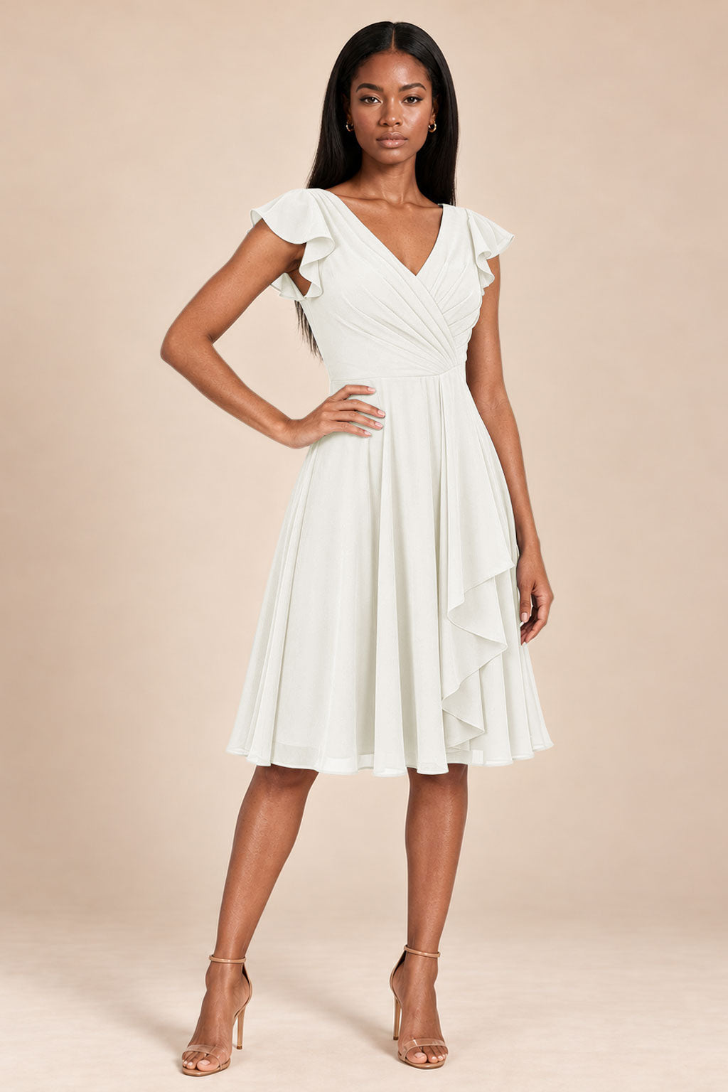 ivory ruffles flutter sleeve chiffon short bridesmaid dress, front view
