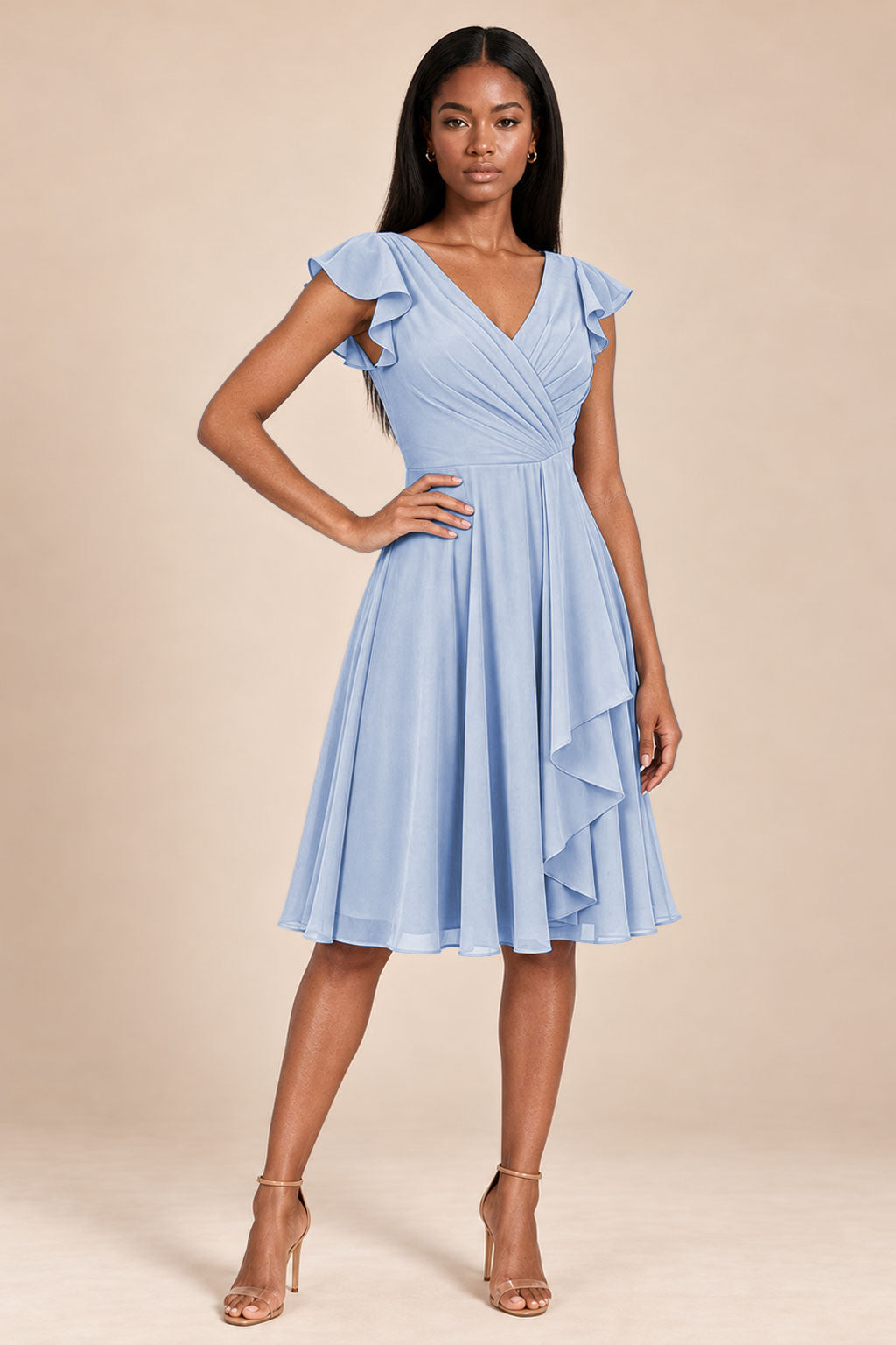 lavender ruffles flutter sleeve chiffon short bridesmaid dress, front view