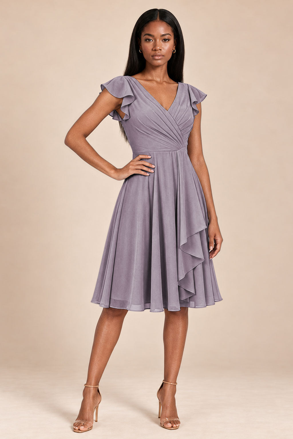 mauve ruffles flutter sleeve chiffon short bridesmaid dress, front view