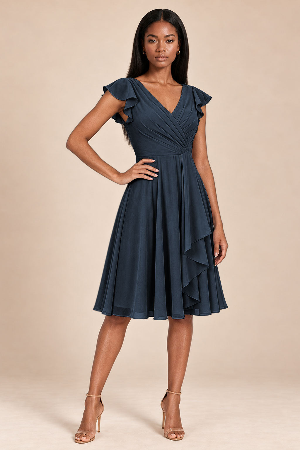 navy blue ruffles flutter sleeve chiffon short bridesmaid dress, front view