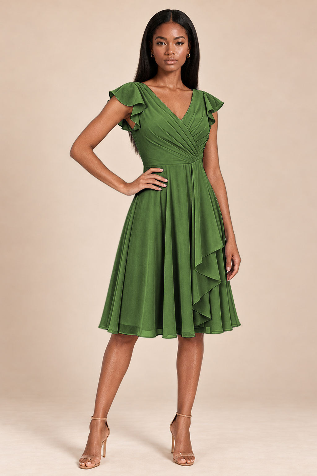 olive green ruffles flutter sleeve chiffon short bridesmaid dress, front view