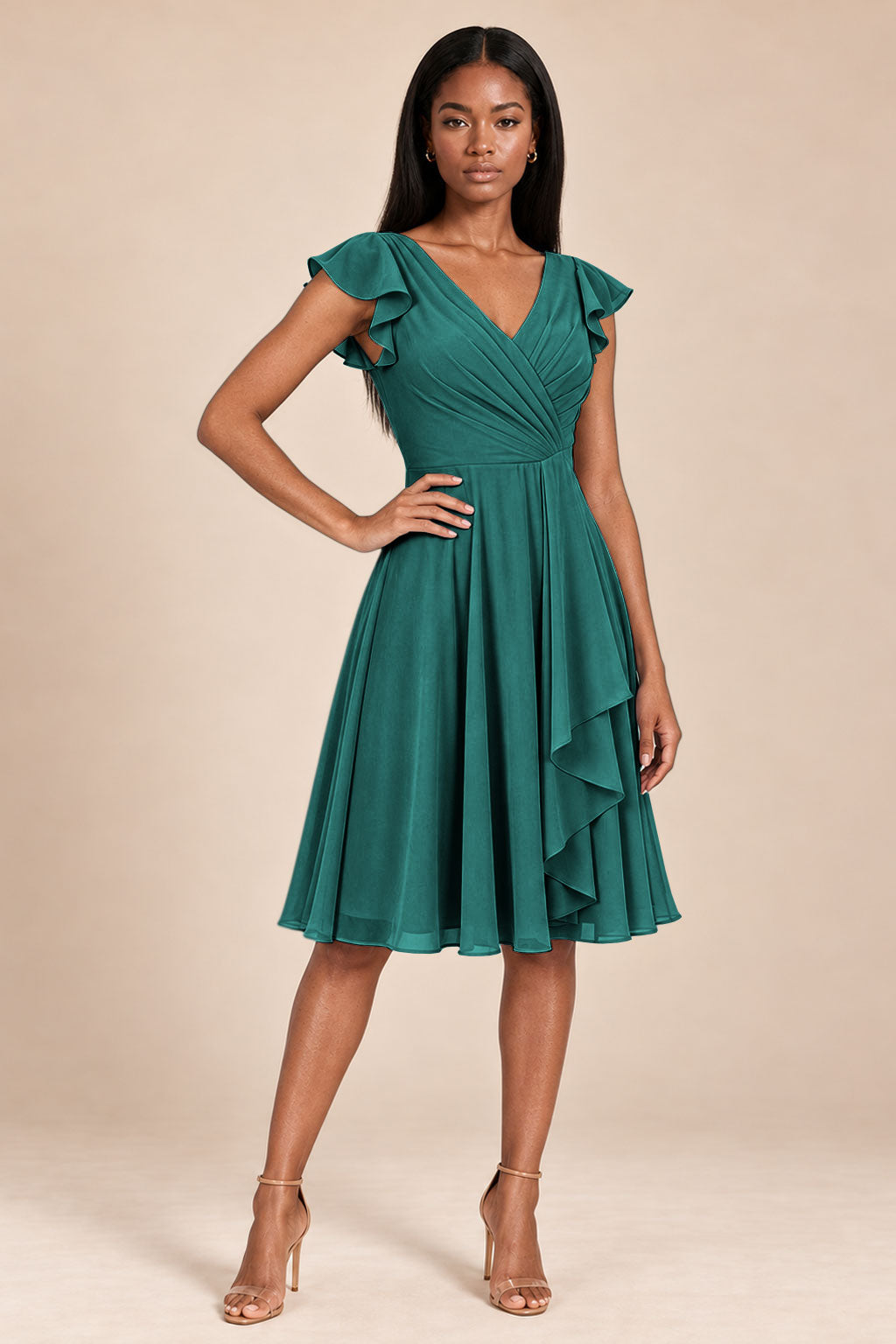 peacock ruffles flutter sleeve chiffon short bridesmaid dress, front view