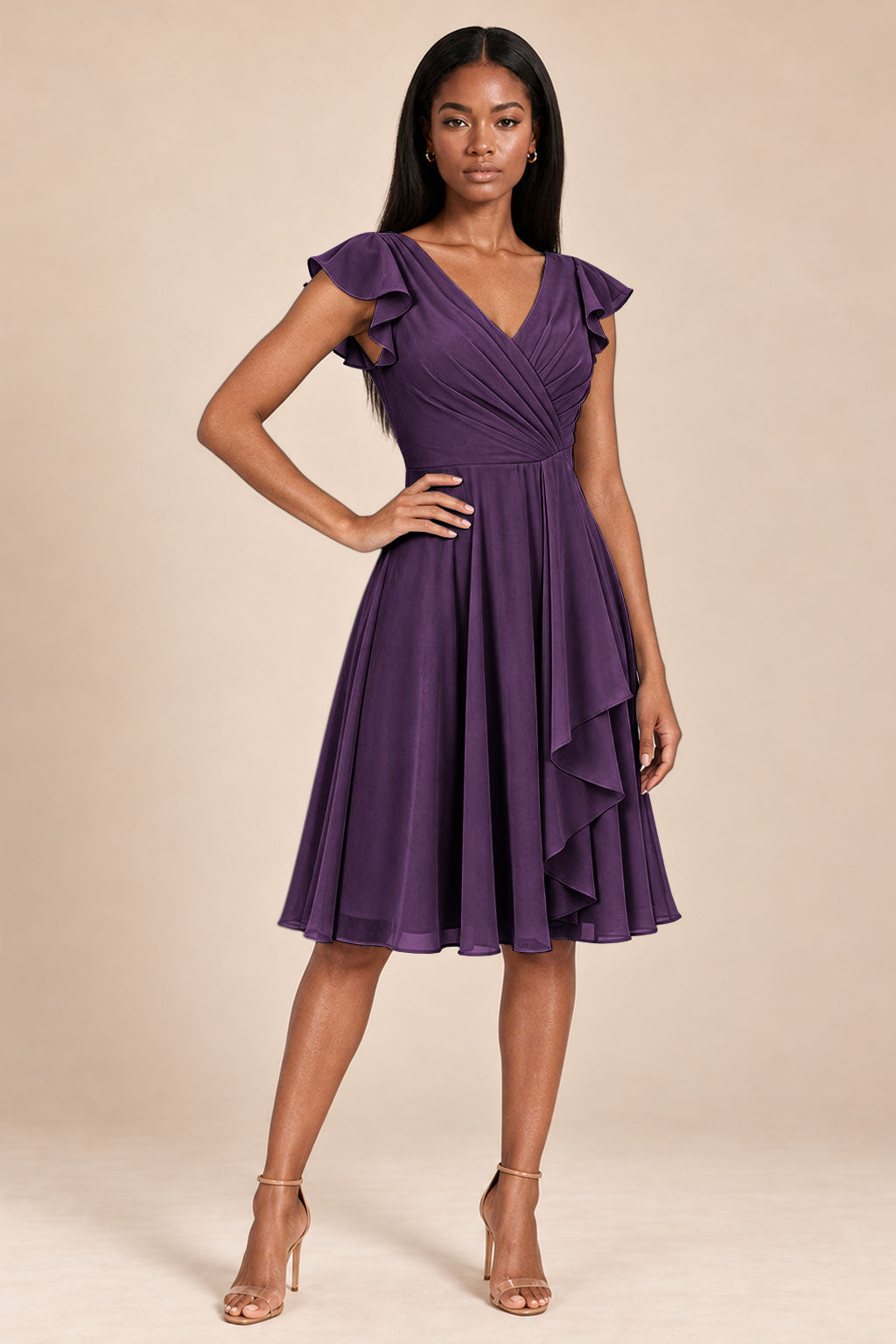 plum ruffles flutter sleeve chiffon short bridesmaid dress, front view