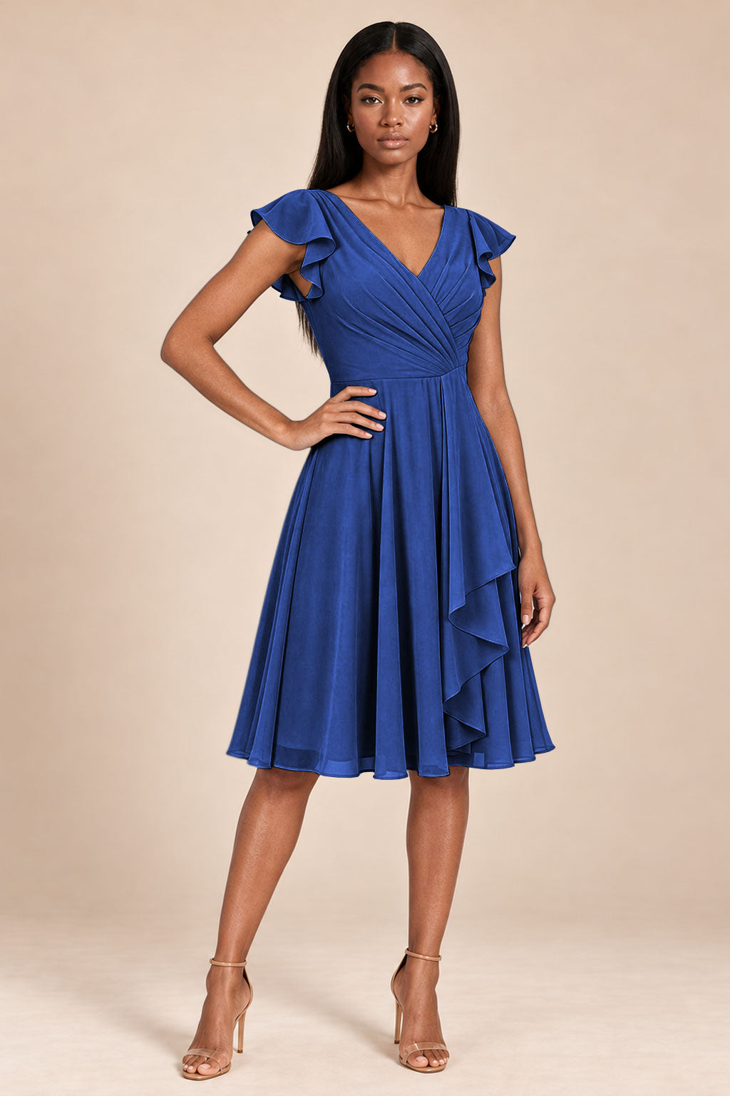 royal blue ruffles flutter sleeve chiffon short bridesmaid dress, front view