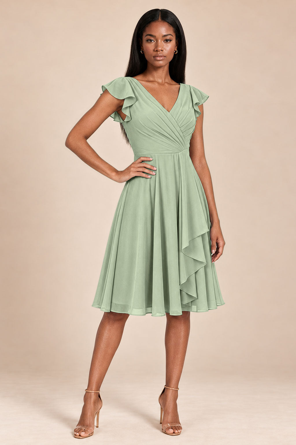 sage green ruffles flutter sleeve chiffon short bridesmaid dress, front view
