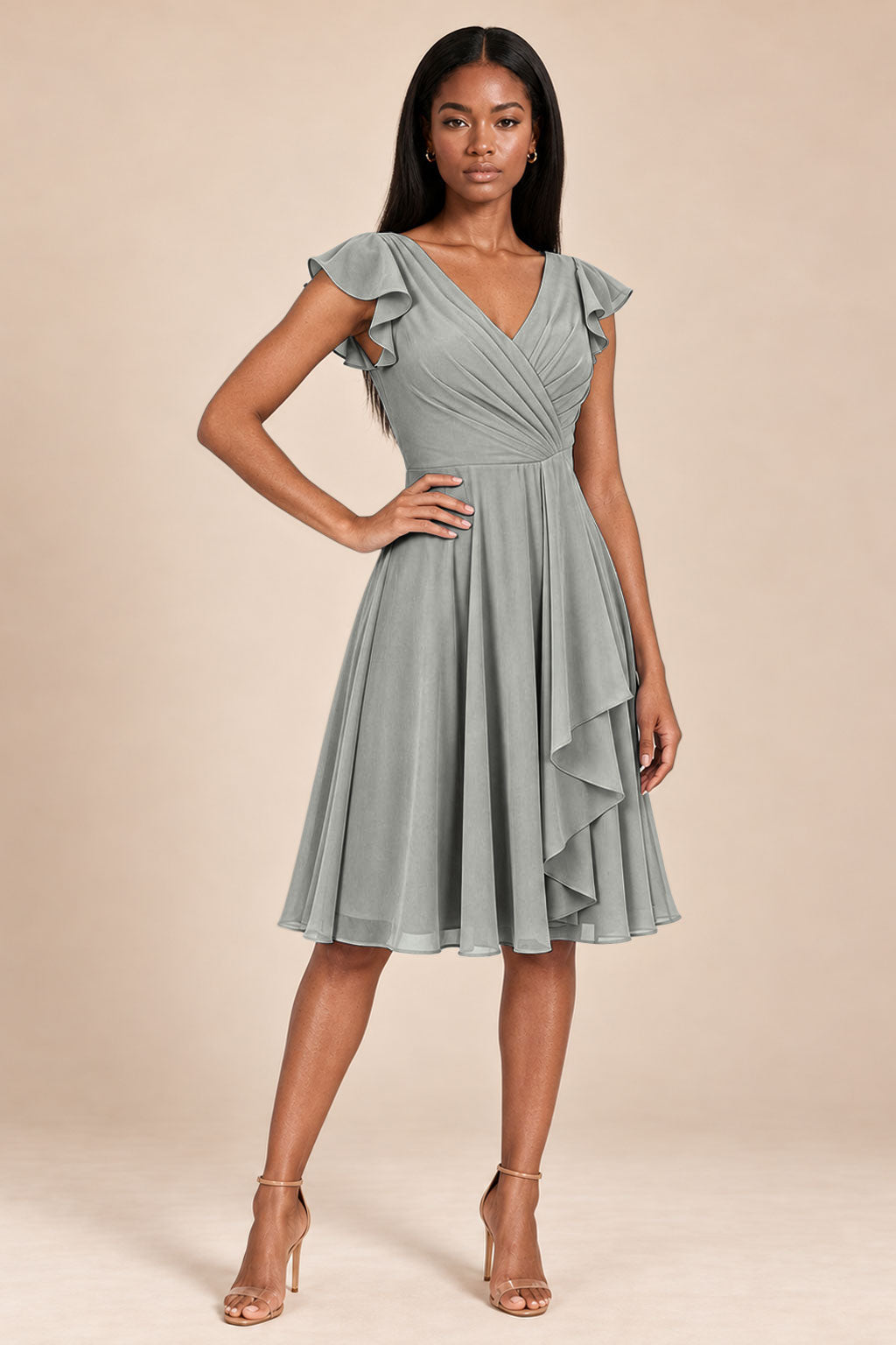 silver ruffles flutter sleeve chiffon short bridesmaid dress, front view