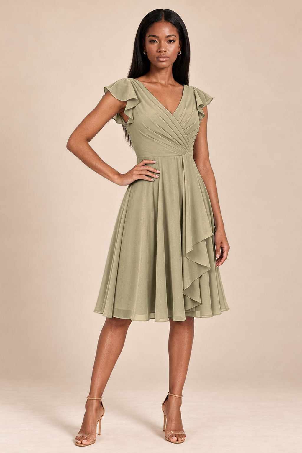 taupe ruffles flutter sleeve chiffon short bridesmaid dress, front view