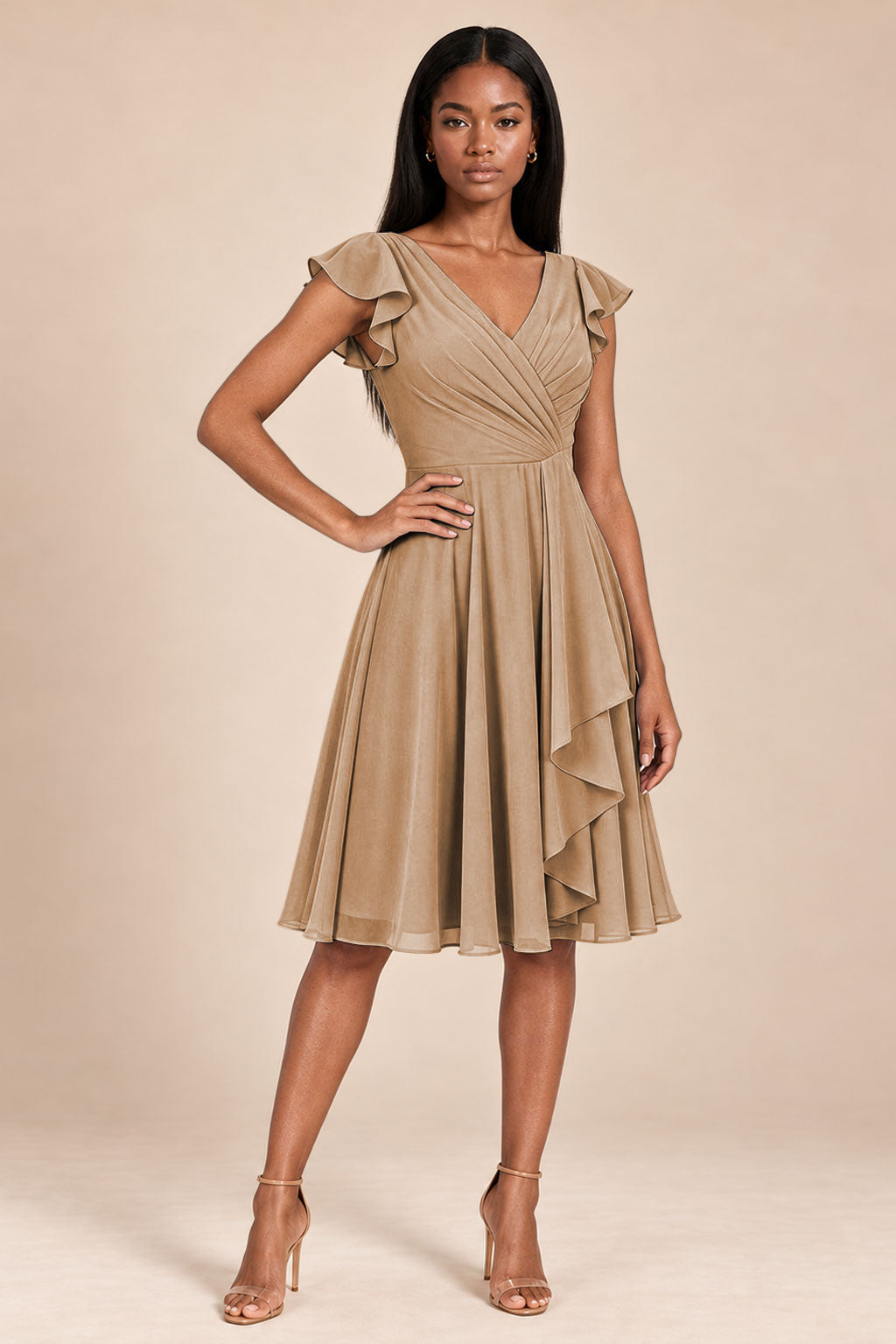 terracotta ruffles flutter sleeve chiffon short bridesmaid dress, front view