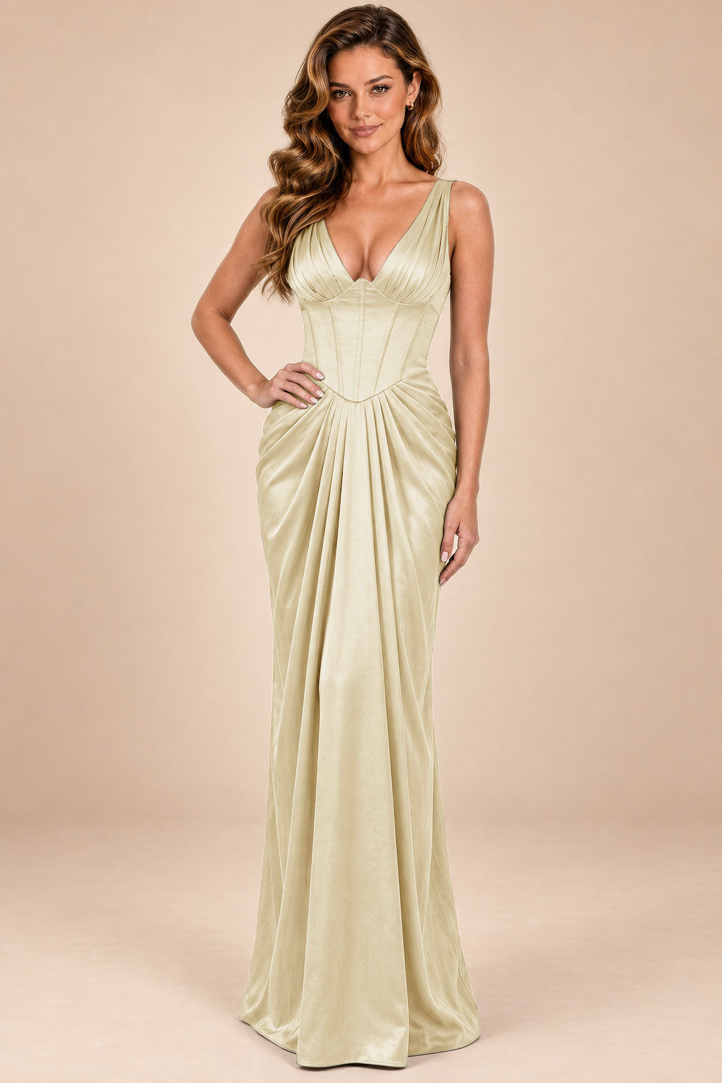 champagne satin mermaid corset deep v-neck formal dress, front view