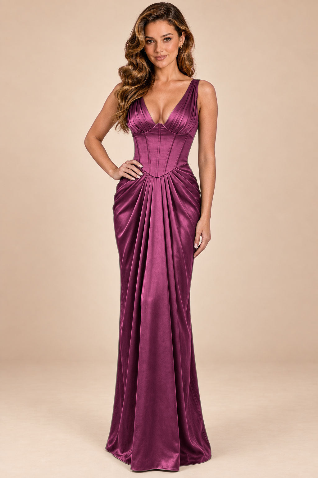 mulberry satin mermaid corset deep v-neck formal dress, front view