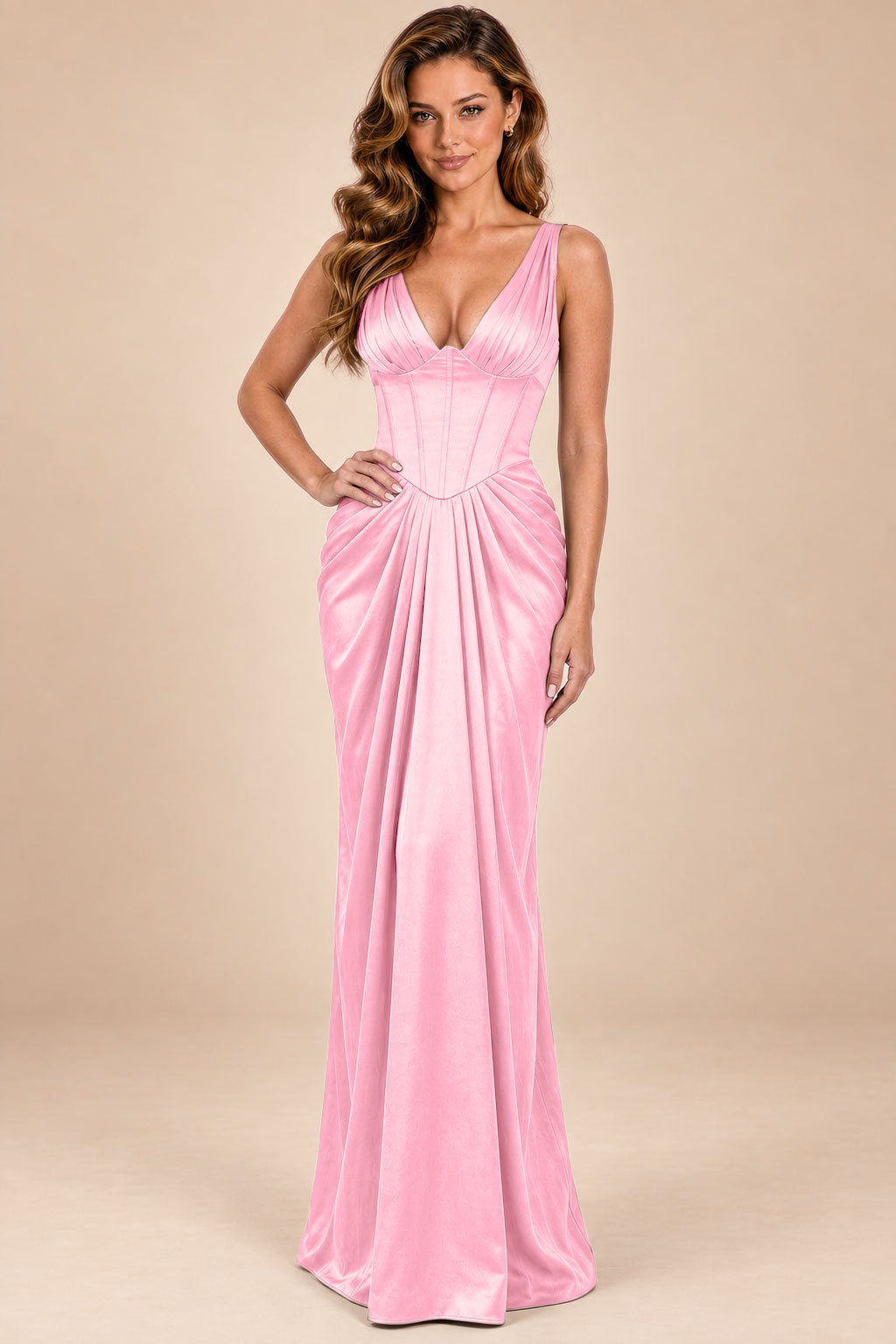 pink satin mermaid corset deep v-neck formal dress, front view