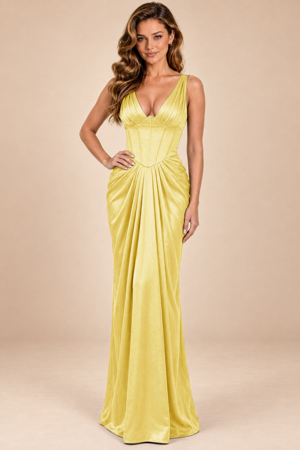 yellow satin mermaid corset deep v-neck formal dress, front view