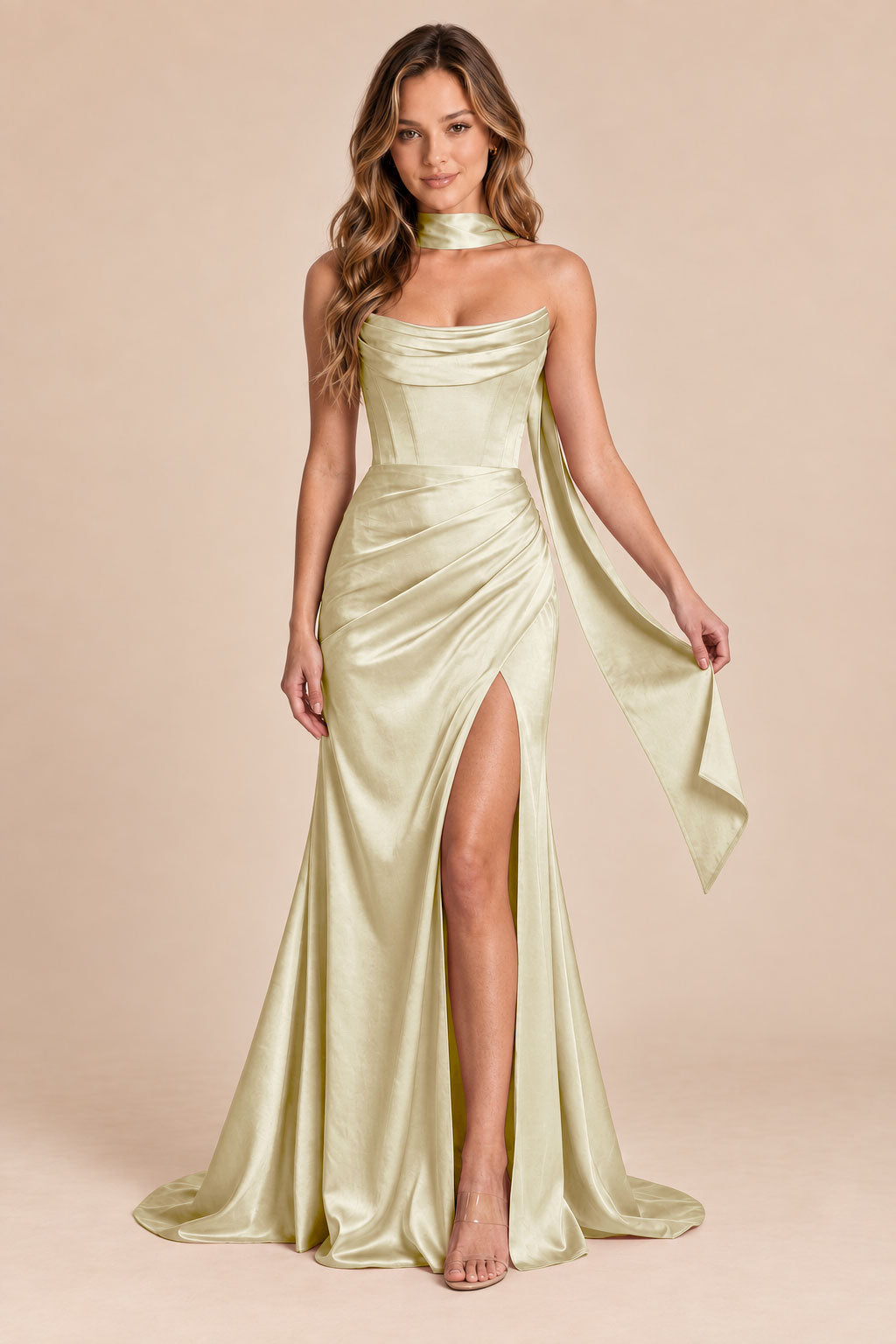 champagne mermaid satin corset cowl neck formal dress with scarf, front view