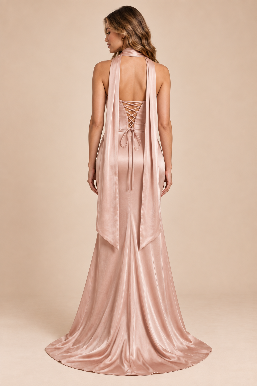 dusty rose mermaid satin corset cowl neck formal dress with scarf, back view