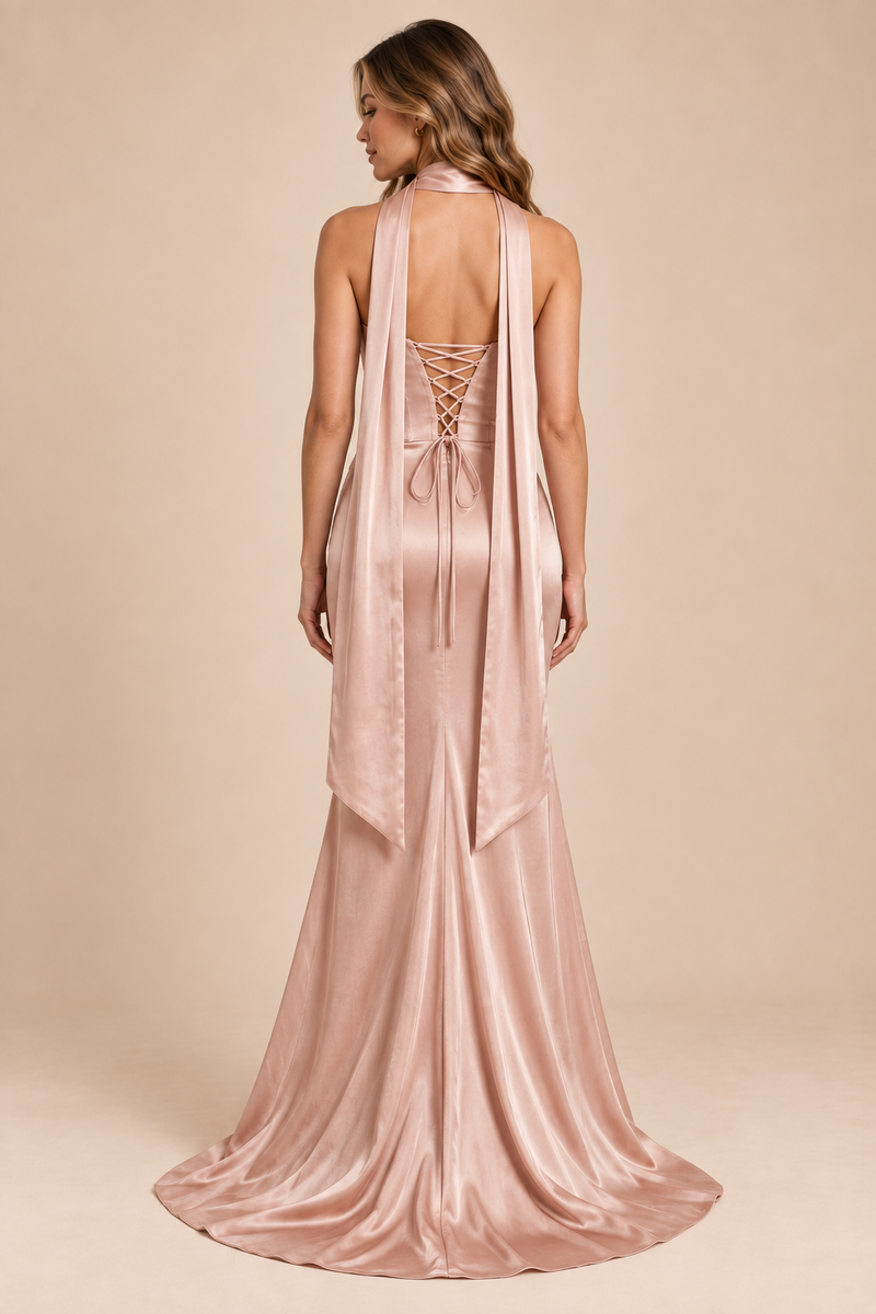dusty rose mermaid satin corset cowl neck formal dress with scarf, back view