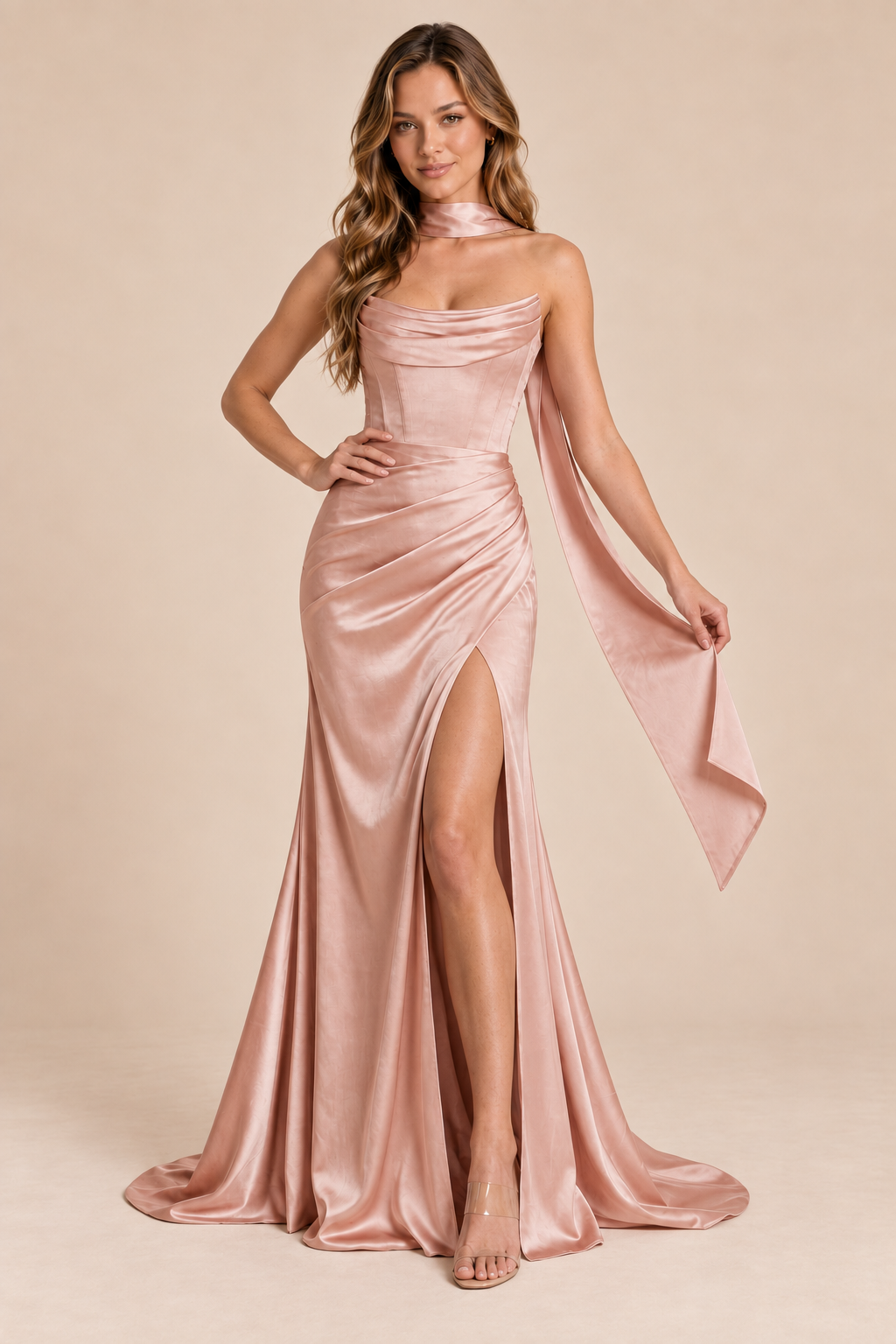 dusty rose mermaid satin corset cowl neck formal dress with scarf, angle view