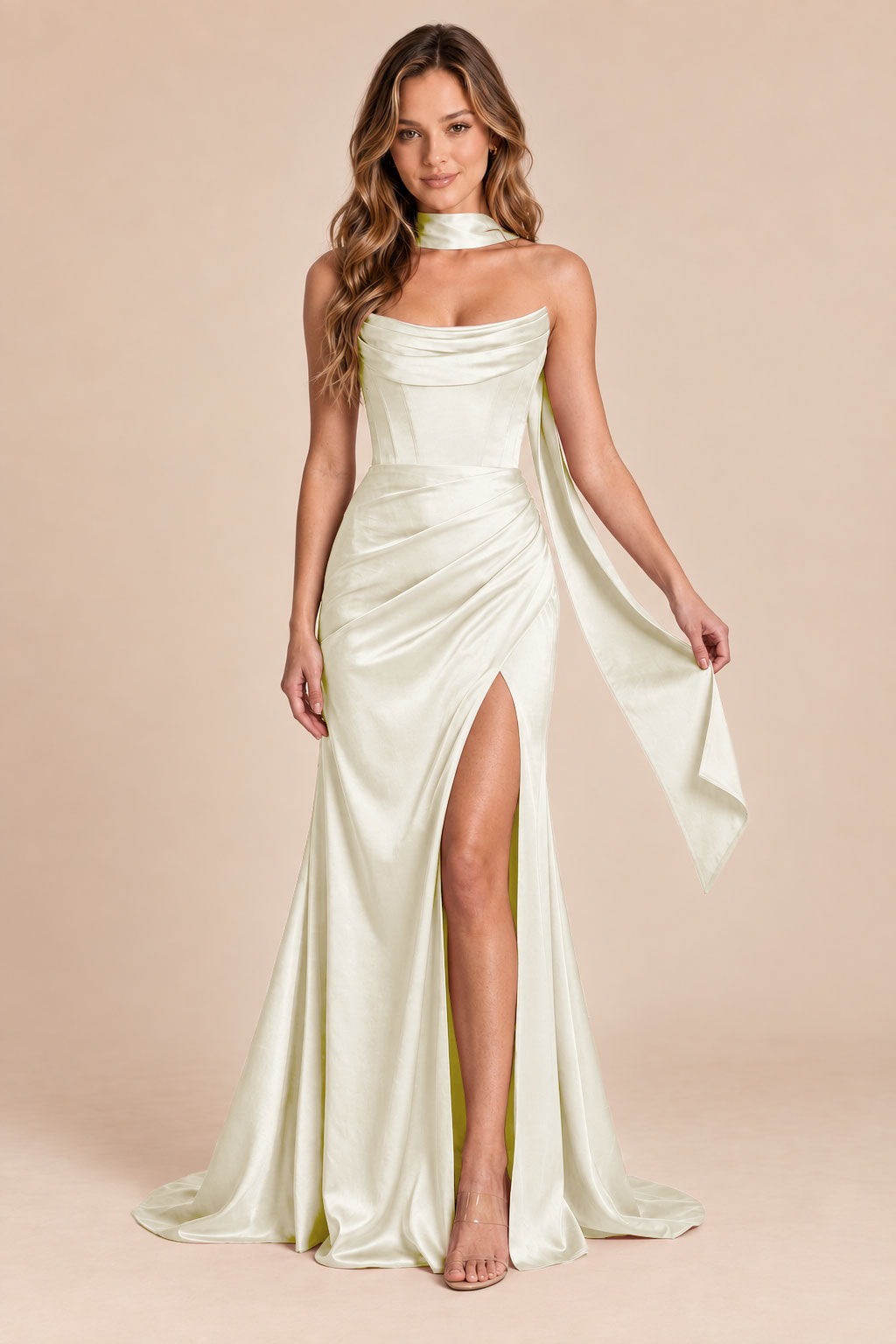 ivory mermaid satin corset cowl neck formal dress with scarf, front view