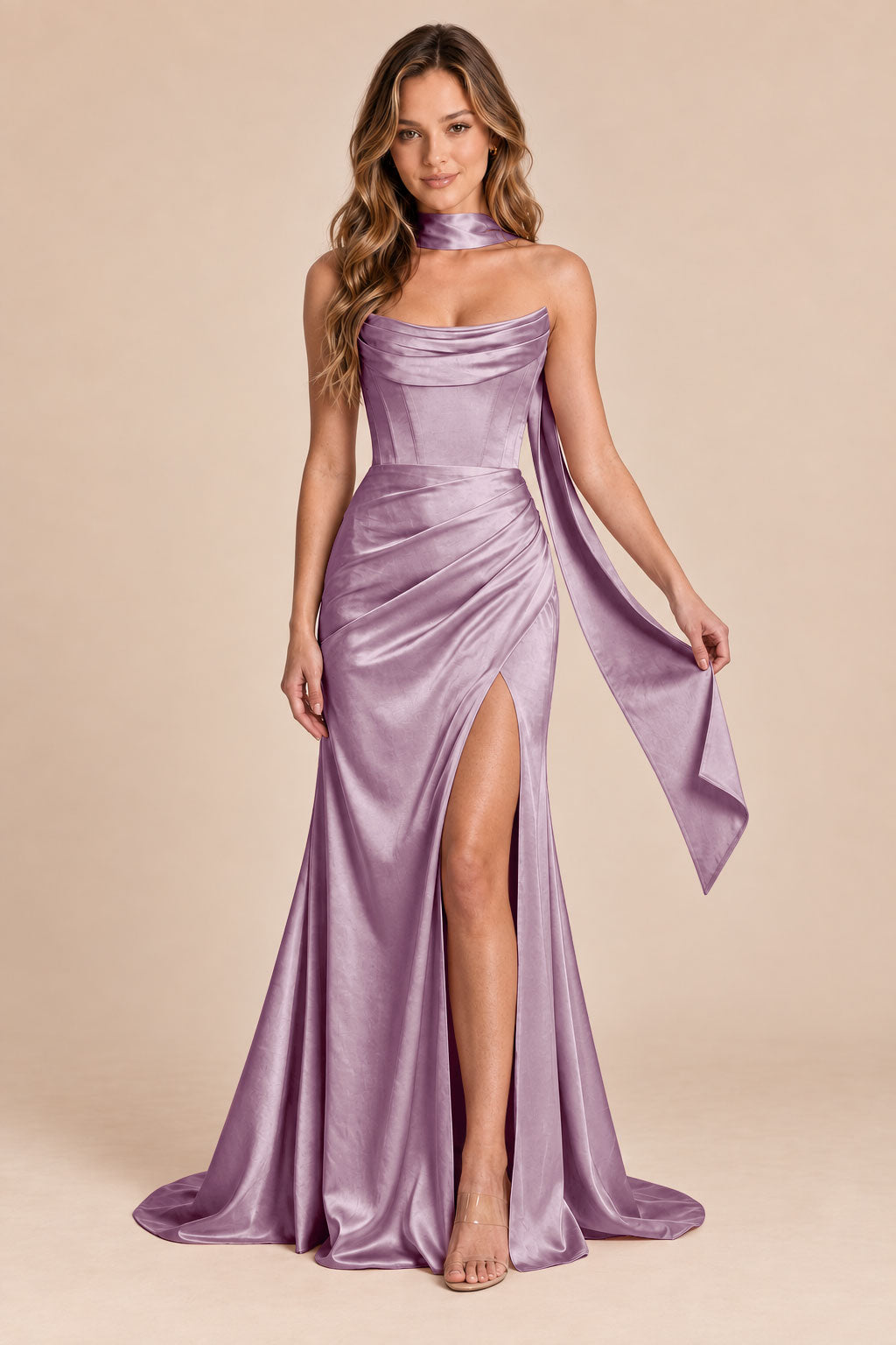mauve mermaid satin corset cowl neck formal dress with scarf, front view