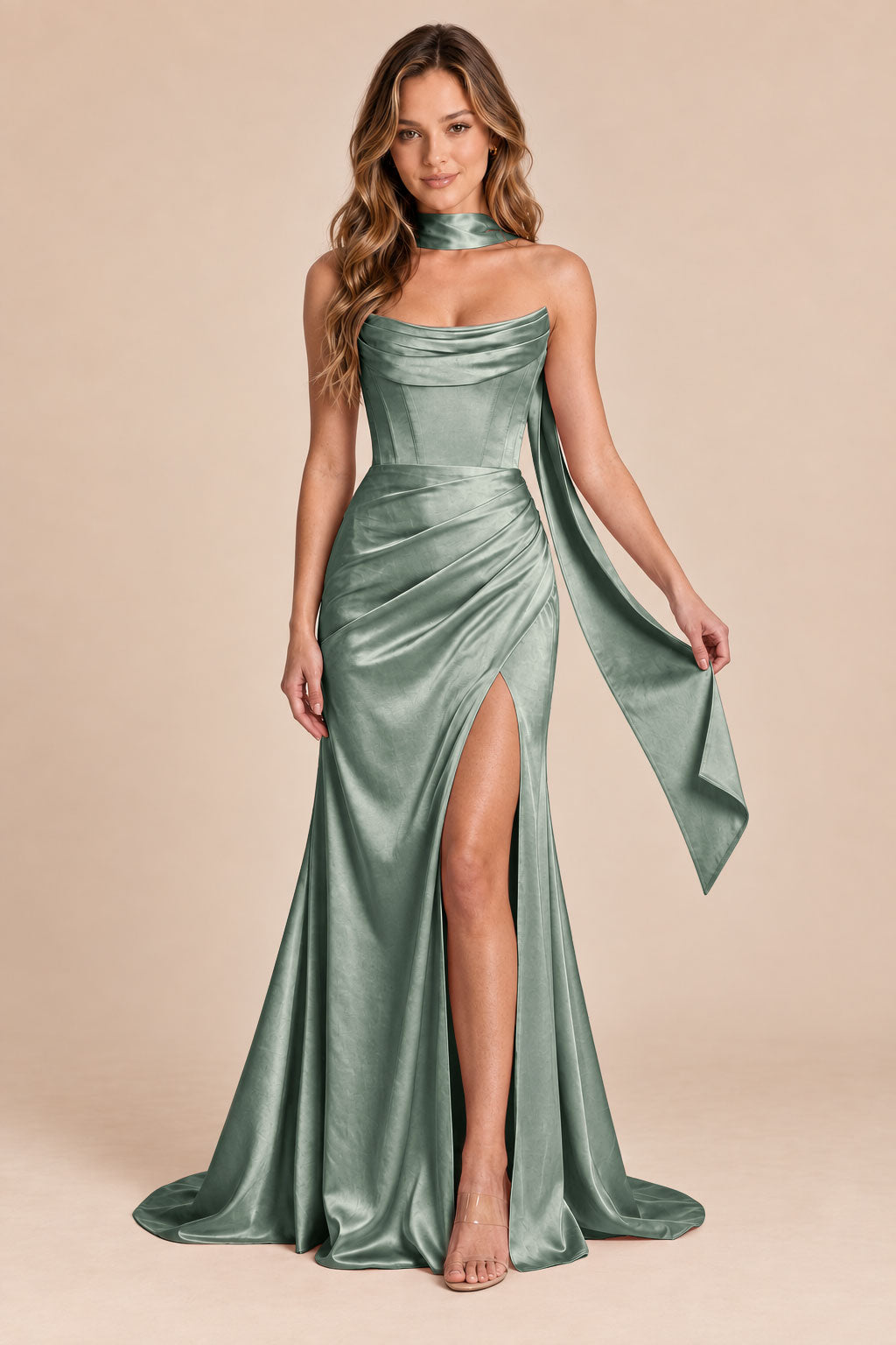 moss green mermaid satin corset cowl neck formal dress with scarf, front view