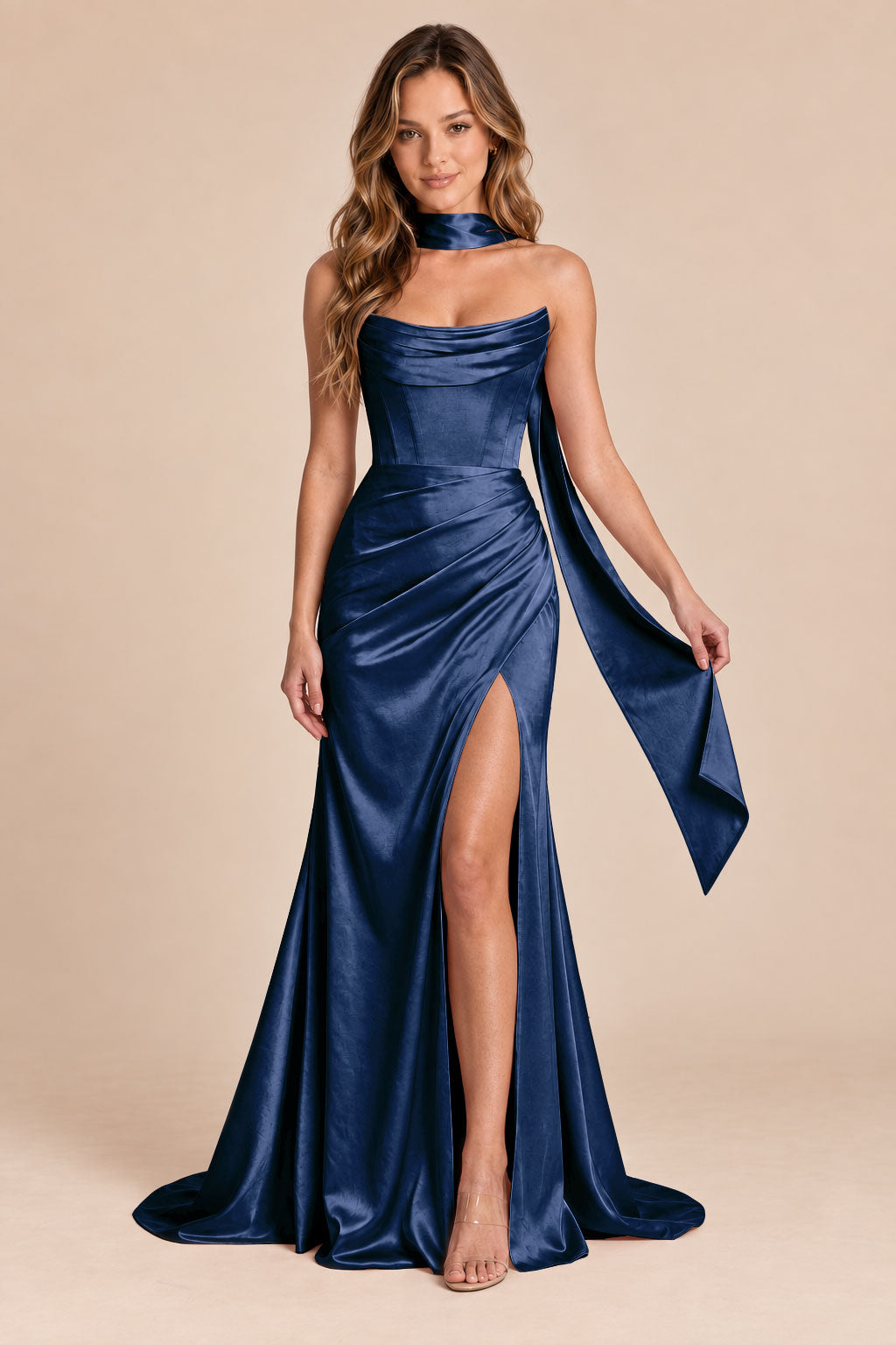 navy blue mermaid satin corset cowl neck formal dress with scarf, front view