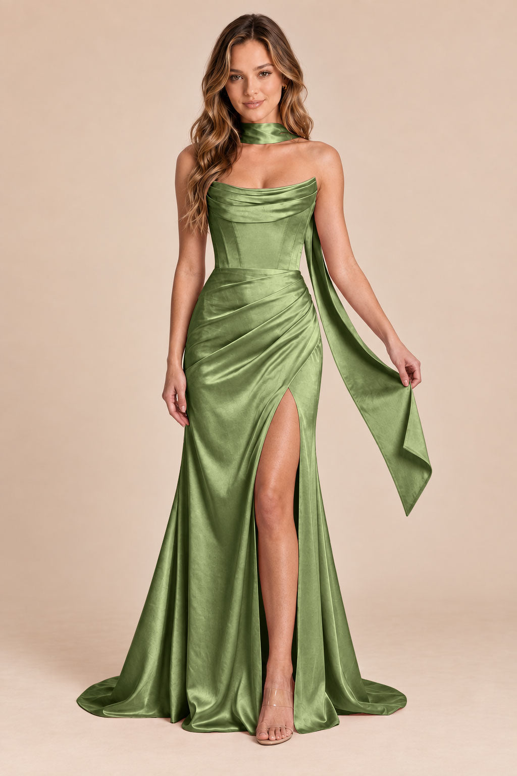 olive green mermaid satin corset cowl neck formal dress with scarf, front view
