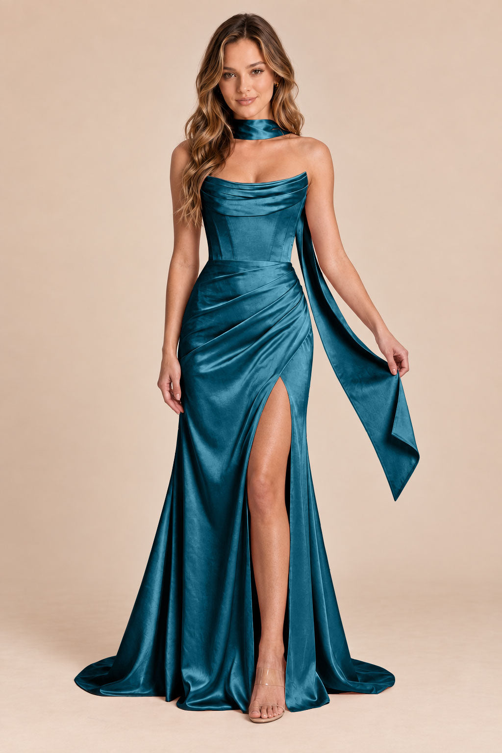 peacock mermaid satin corset cowl neck formal dress with scarf, front view