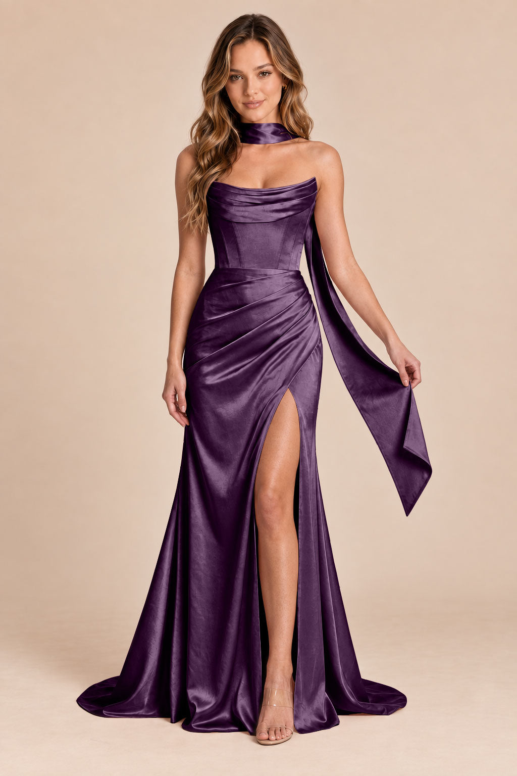 plum mermaid satin corset cowl neck formal dress with scarf, front view