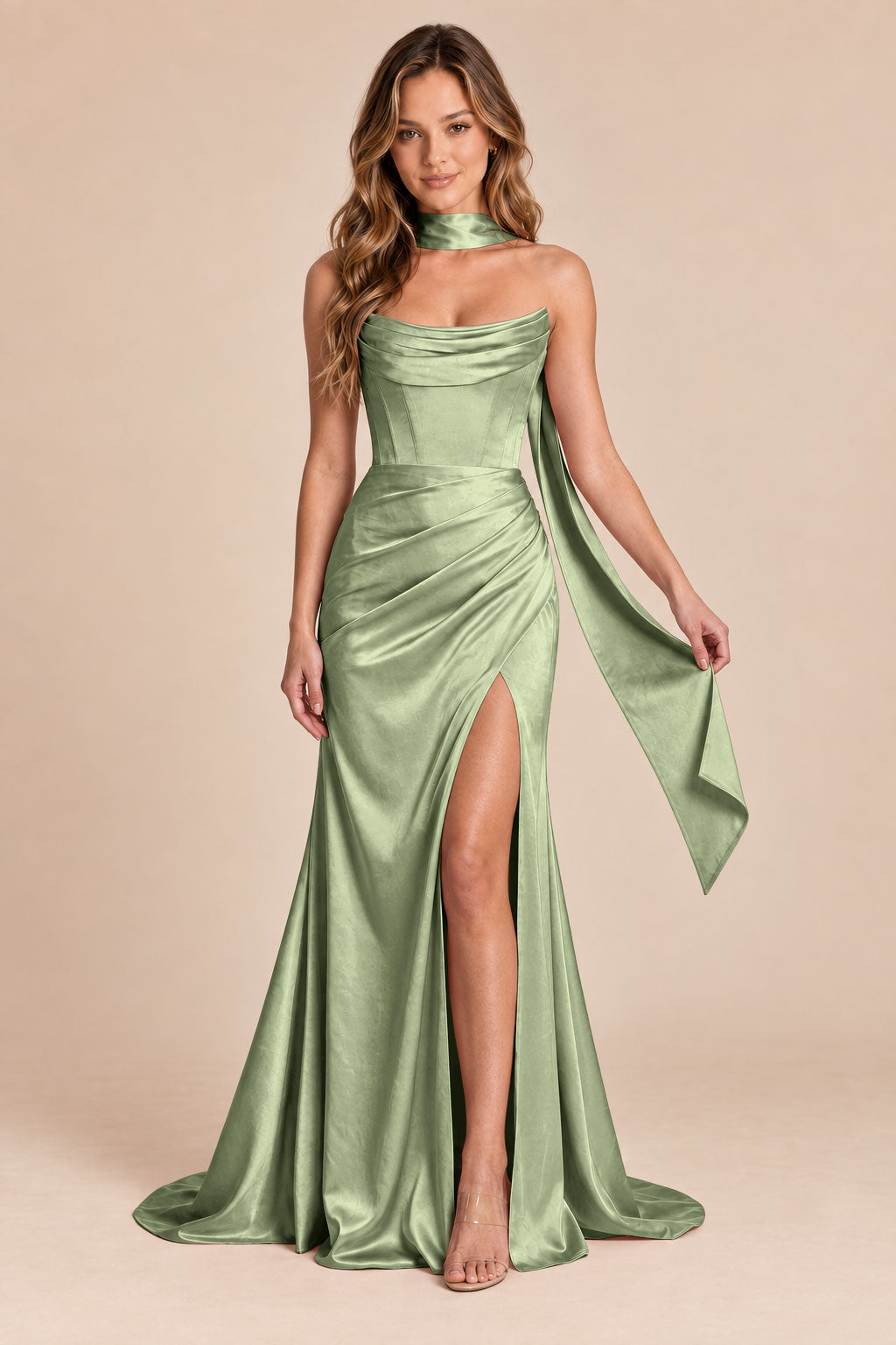 sage green mermaid satin corset cowl neck formal dress with scarf, front view