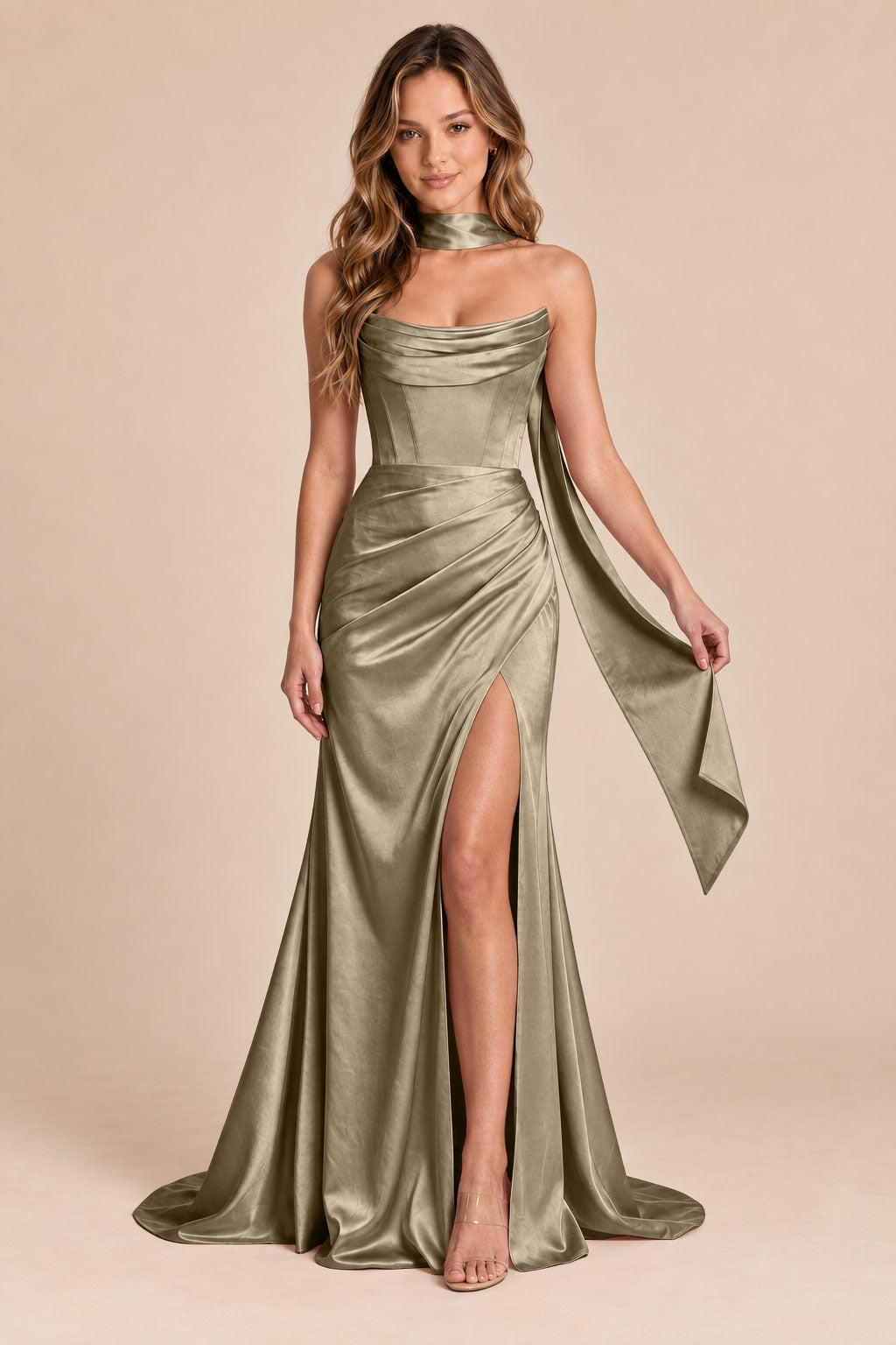 taupe mermaid satin corset cowl neck formal dress with scarf, front view