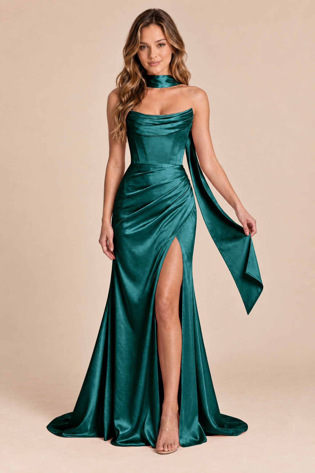 teal mermaid satin corset cowl neck formal dress with scarf, front view