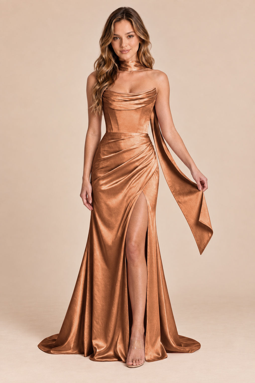 terracotta mermaid satin corset cowl neck formal dress with scarf, front view