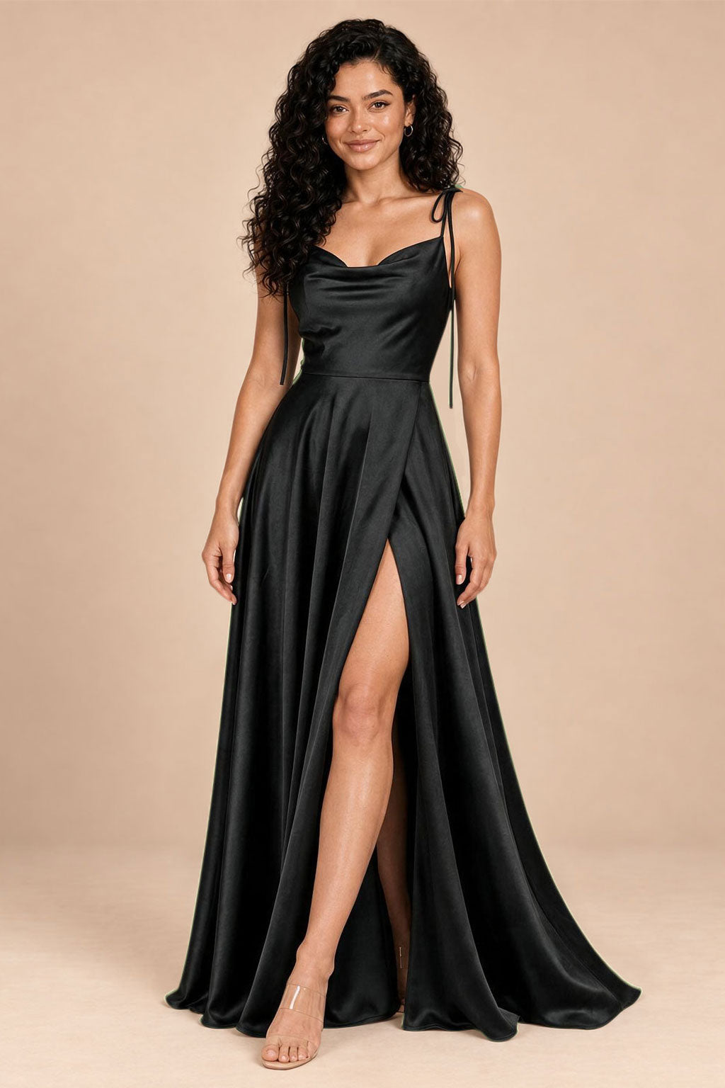 Satin Spaghetti Straps Cowl Neck Bridesmaid Dress