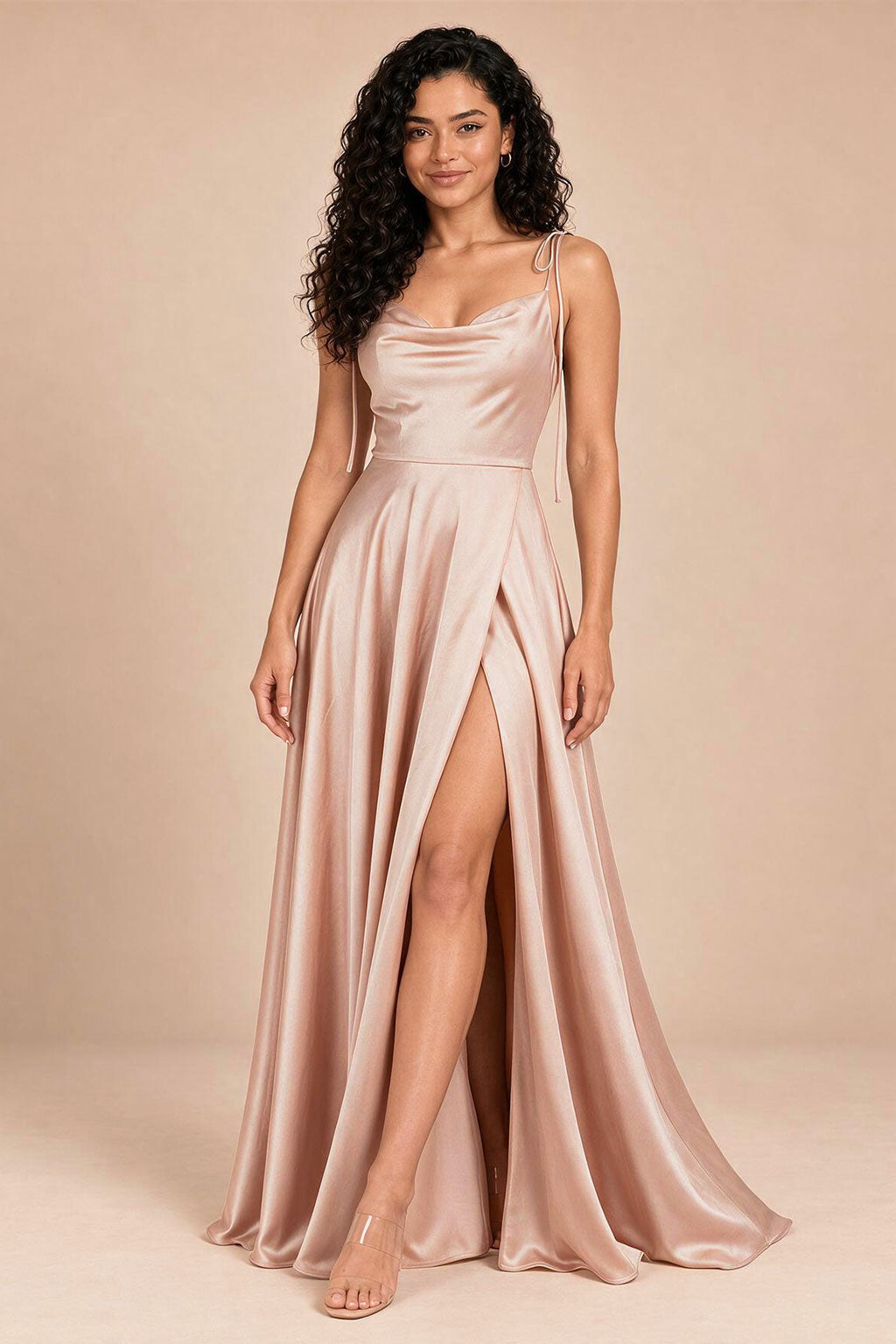 blush pink satin spaghetti straps cowl neck bridesmaid dress, front view