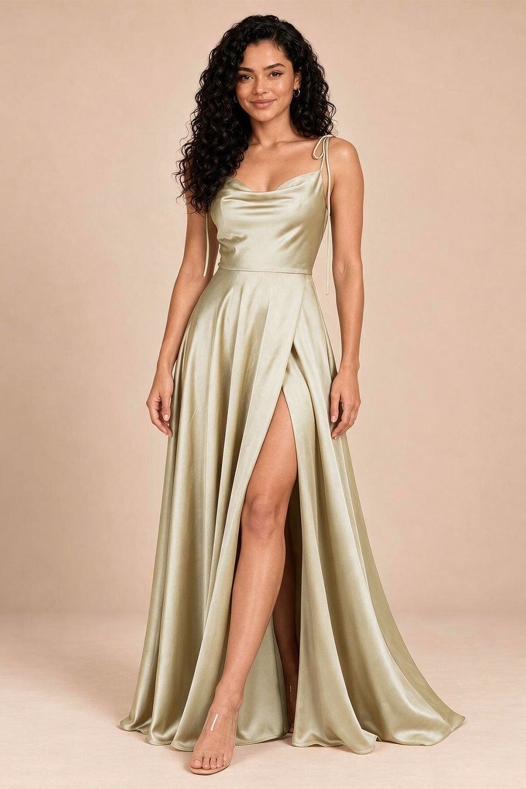 champagne satin spaghetti straps cowl neck bridesmaid dress, front view