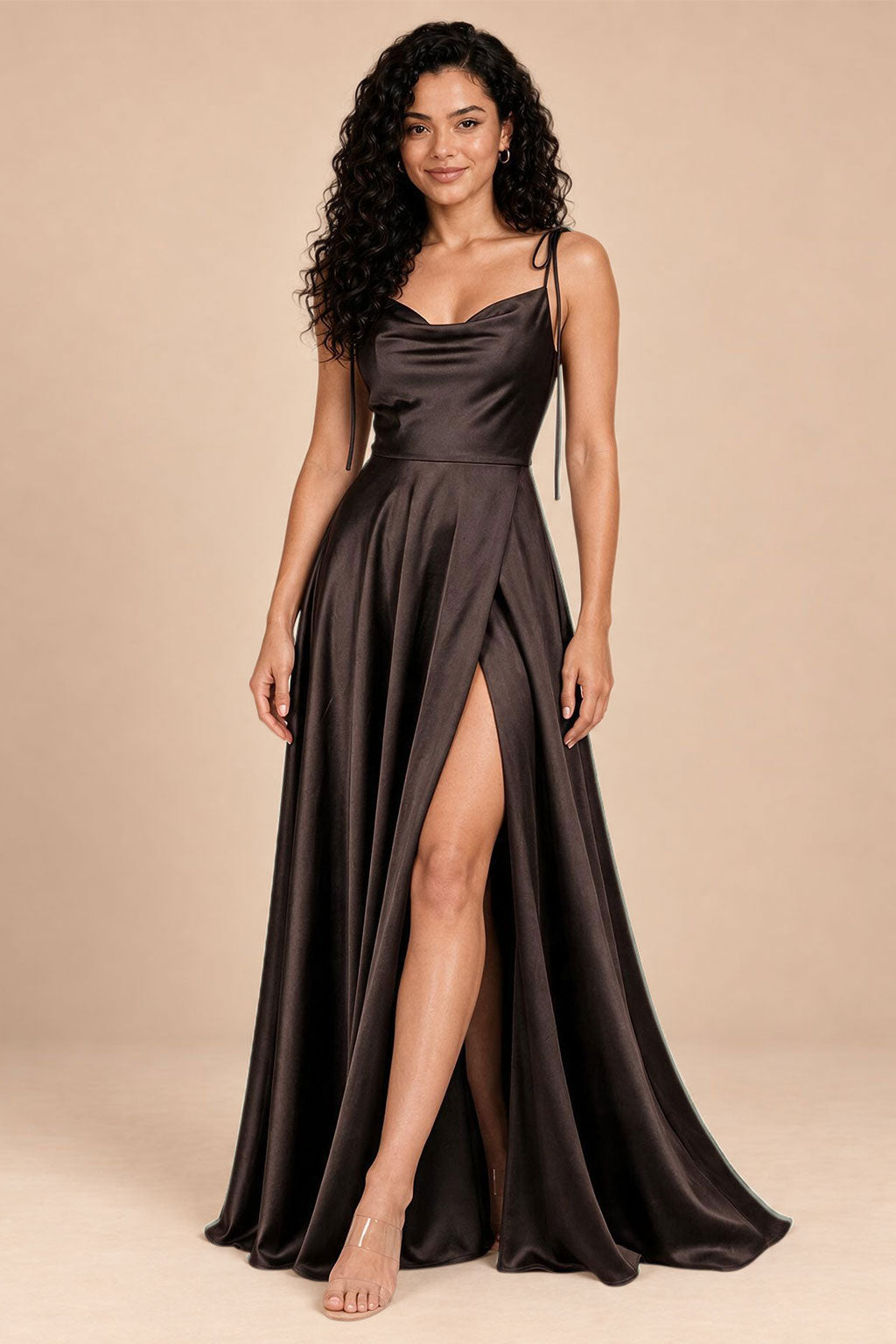 chocolate brown satin spaghetti straps cowl neck bridesmaid dress, front view