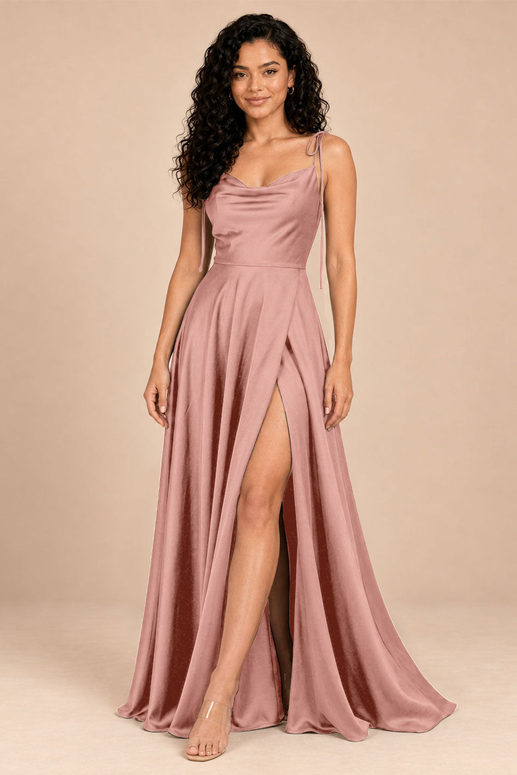 dusty pink satin spaghetti straps cowl neck bridesmaid dress, front view