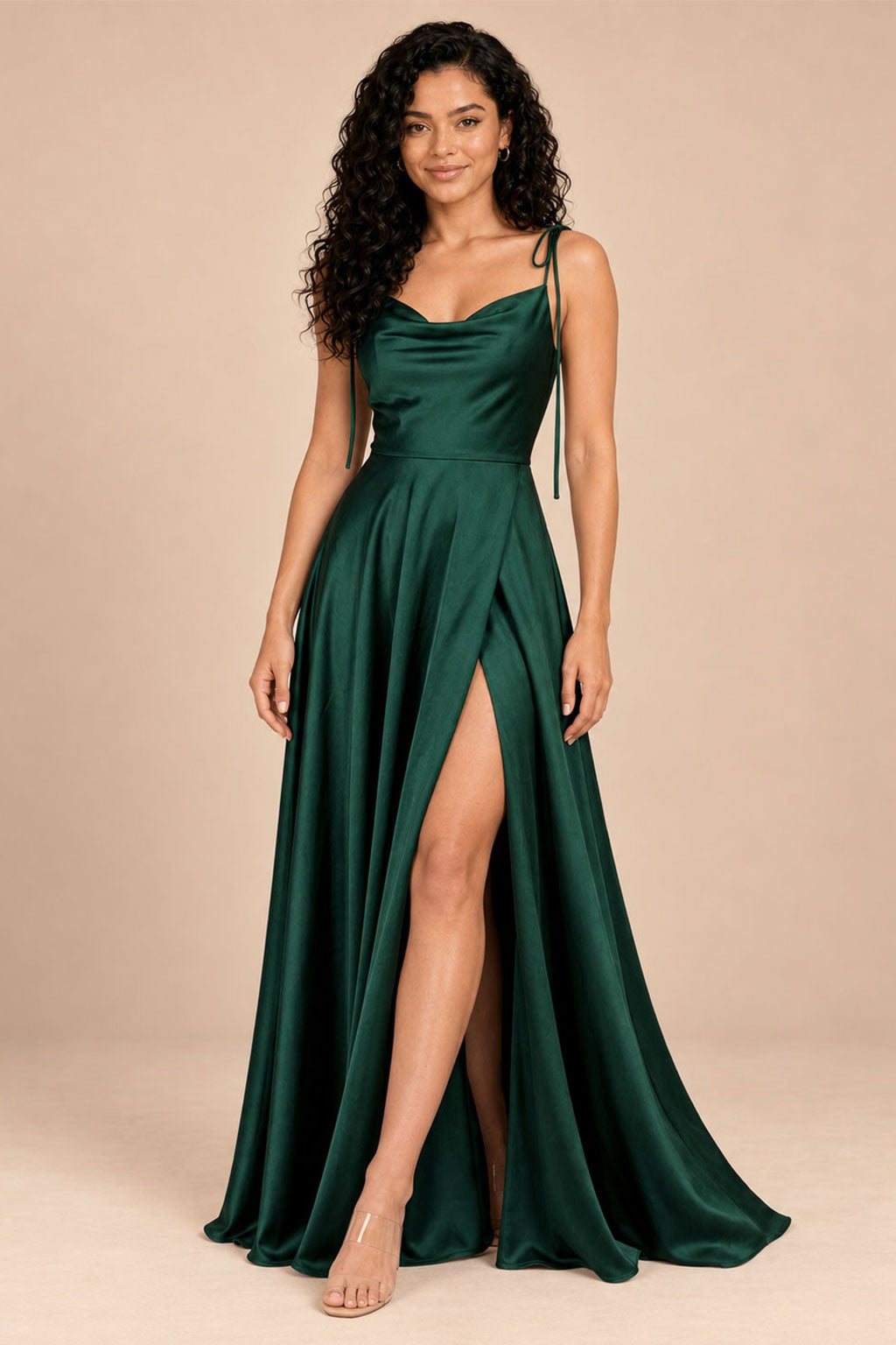 Emerald Green satin spaghetti straps cowl neck bridesmaid dress, front view
