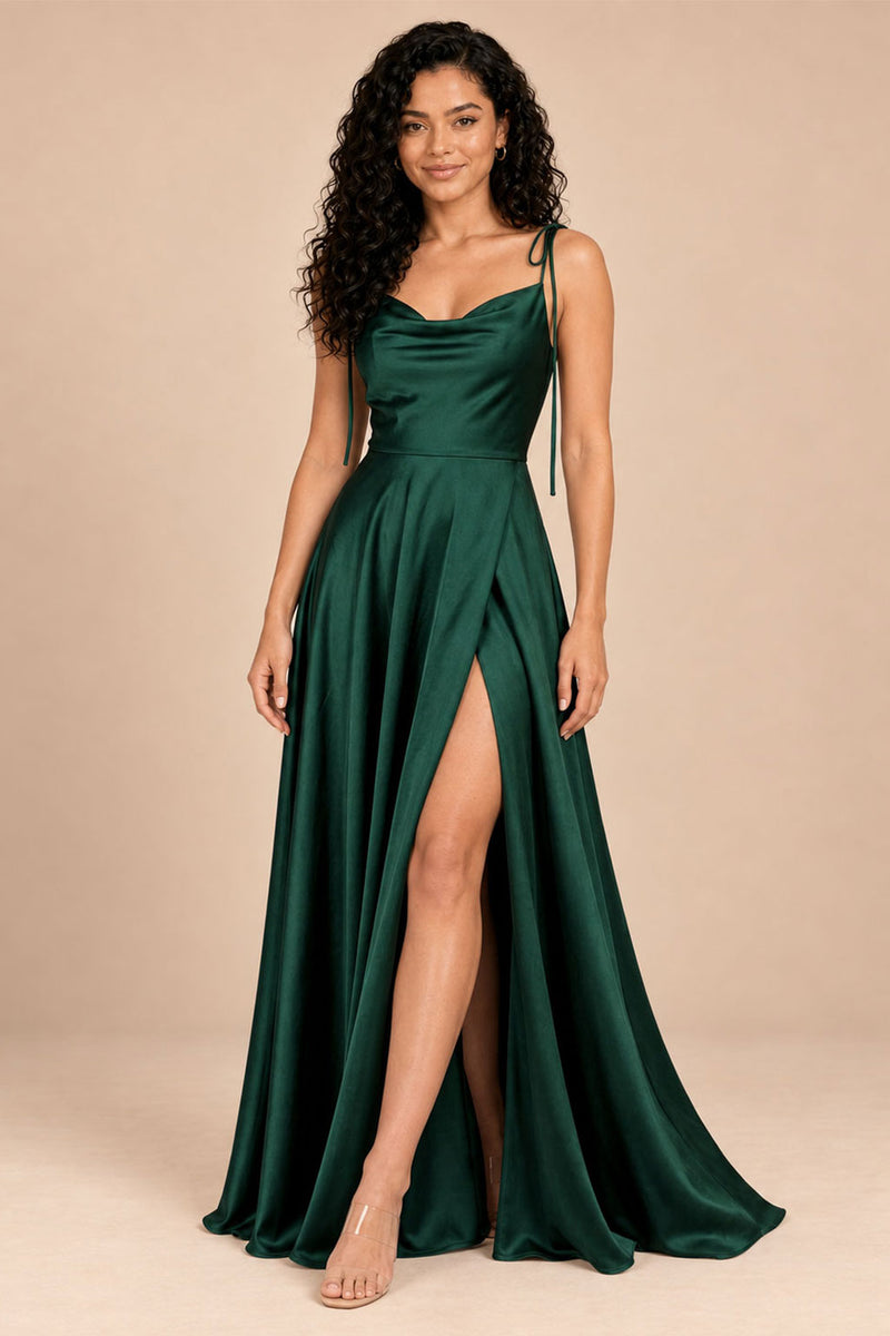 Emerald Green satin spaghetti straps cowl neck bridesmaid dress, front view