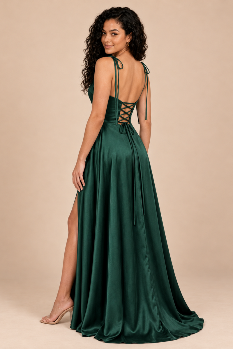 Emerald Green satin spaghetti straps cowl neck bridesmaid dress, back view