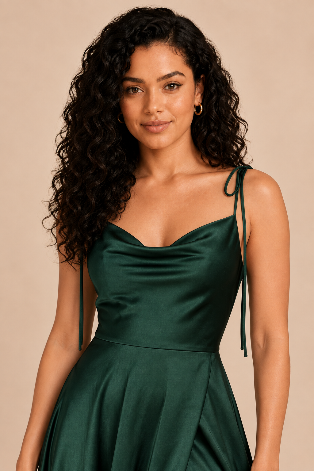 Emerald Green satin spaghetti straps cowl neck bridesmaid dress, detail view