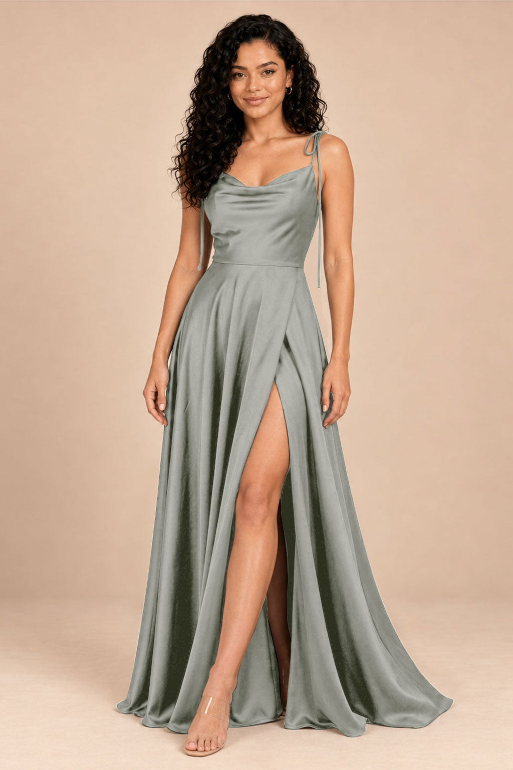 gray satin spaghetti straps cowl neck bridesmaid dress, front view