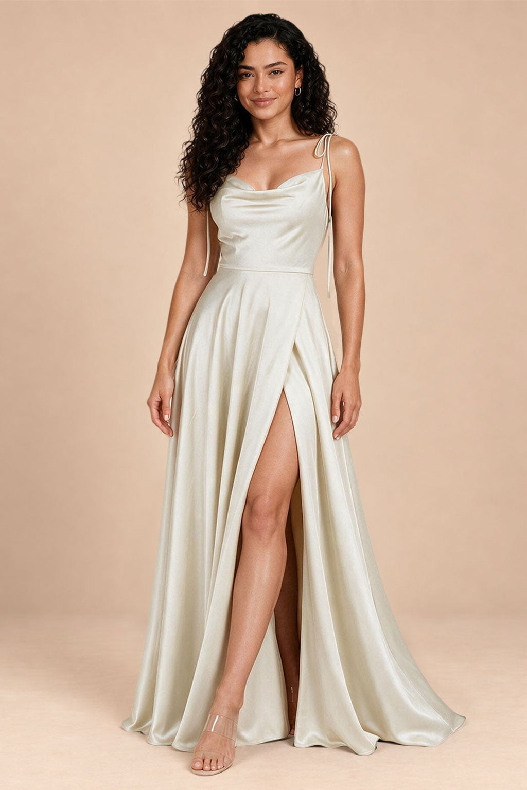 ivory satin spaghetti straps cowl neck bridesmaid dress, front view