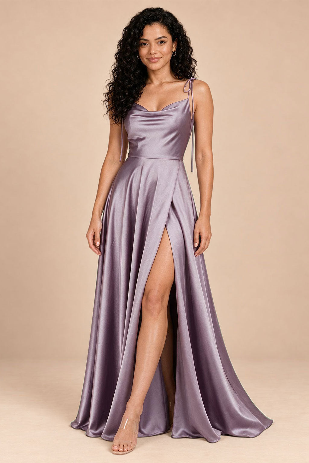 mauve satin spaghetti straps cowl neck bridesmaid dress, front view