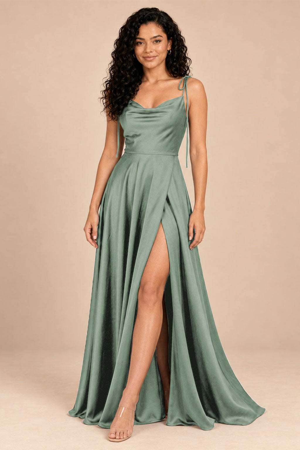 moss green satin spaghetti straps cowl neck bridesmaid dress, front view