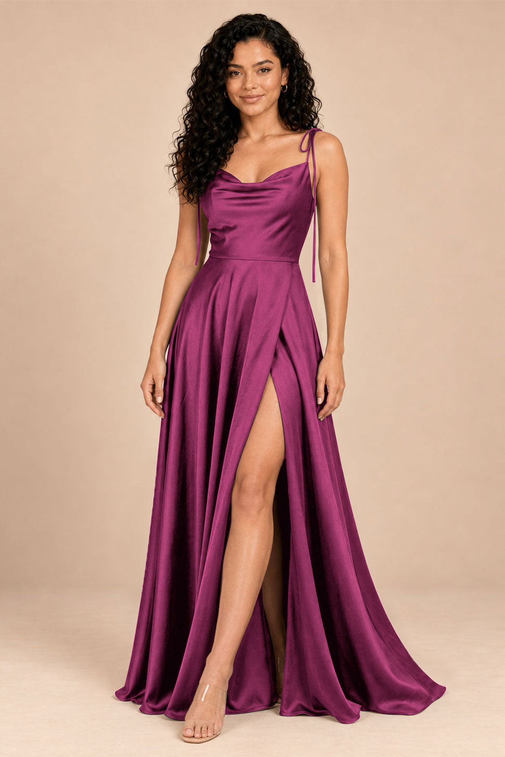 mulberry satin spaghetti straps cowl neck bridesmaid dress, front view