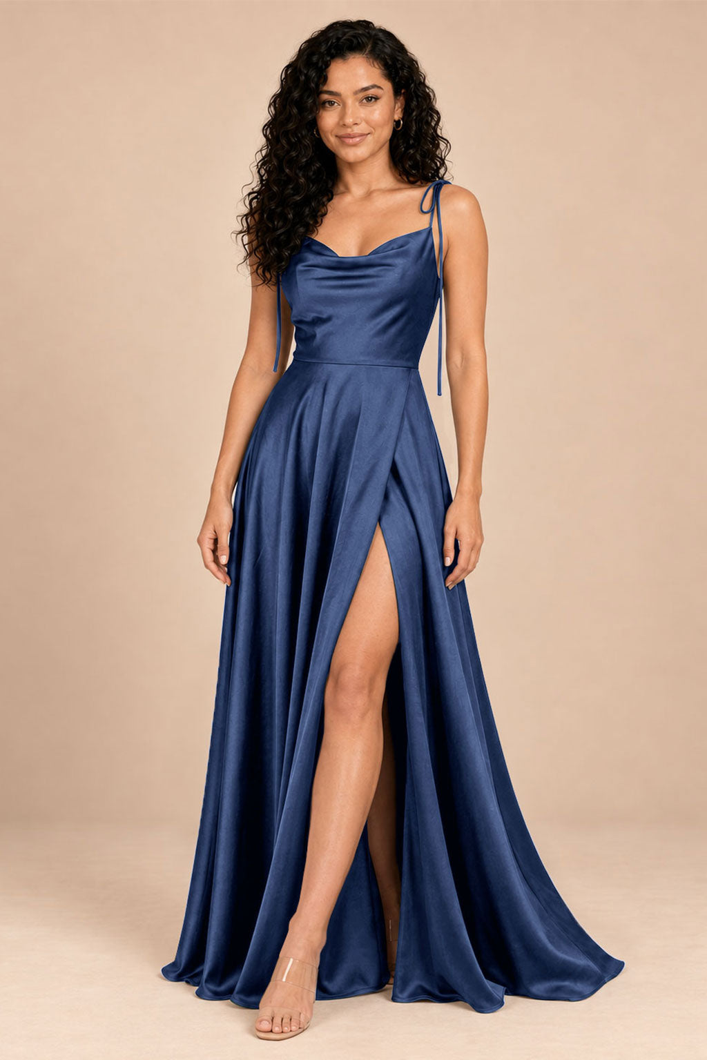 navy blue satin spaghetti straps cowl neck bridesmaid dress, front view