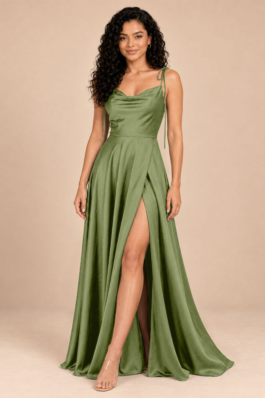 olive green satin spaghetti straps cowl neck bridesmaid dress, front view